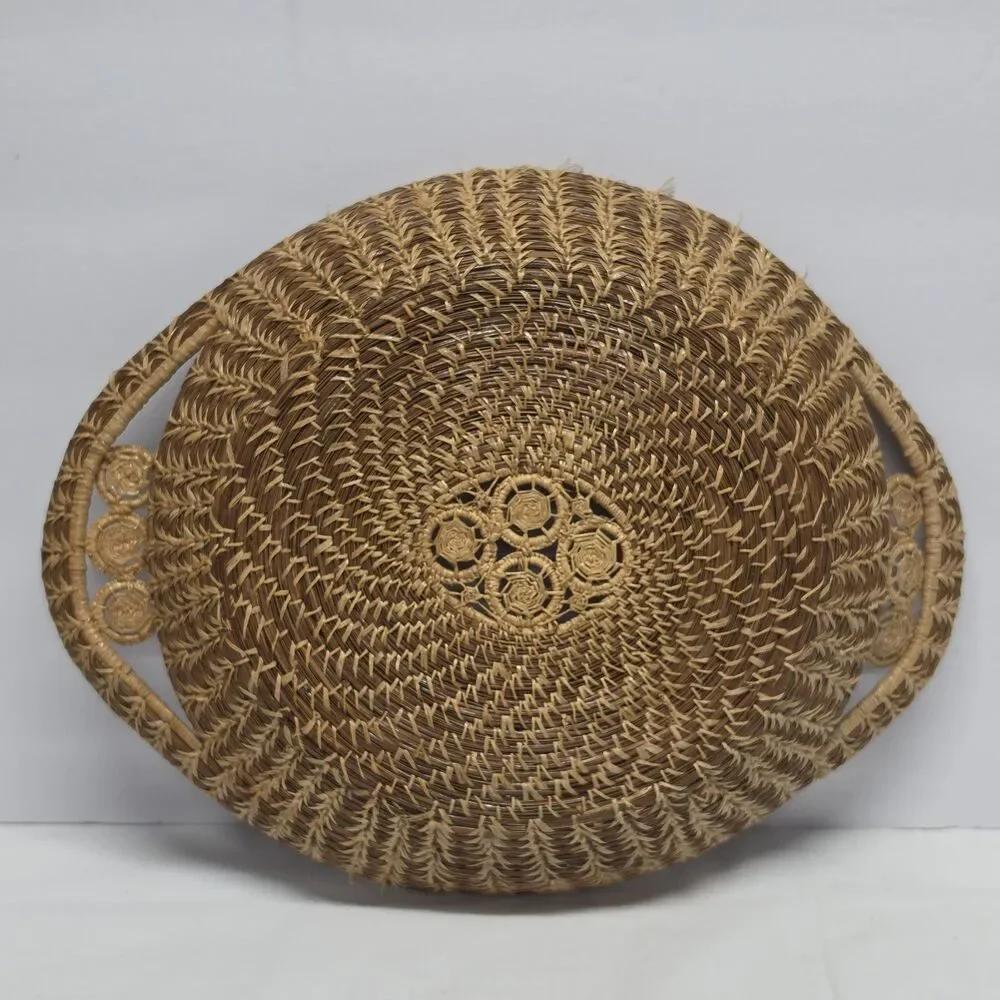 Handwoven Seminole Pine Needle & Raffia Decorative Basket 12.5in Native American
